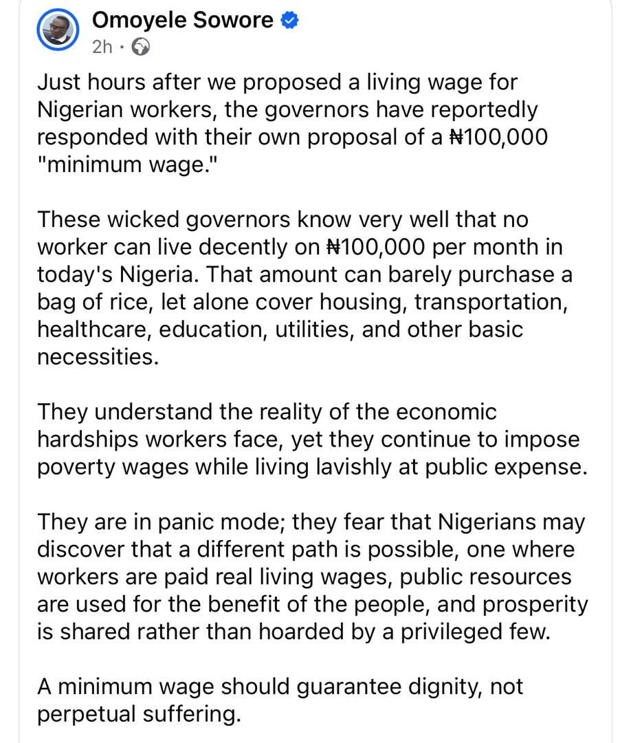 No worker can live decently on N100,000 per month in today